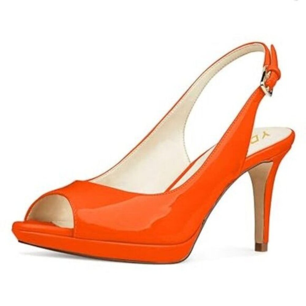 YDN Orange Patent Leather Peep-Toe Slingback Heels